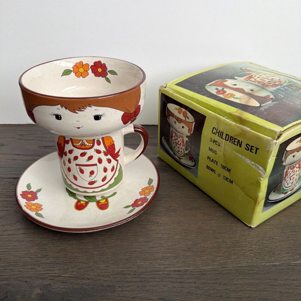 Reduced!Interpur 3 Piece Stackable Children's Dish Set Girl Mug Plate Bowl Korea